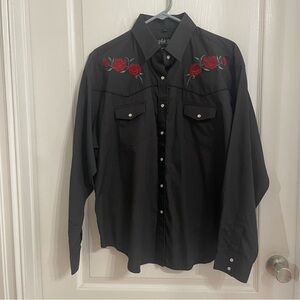 STUNNING White Horse Brand Pearl Snap Black Shirt with Red Rose Embroidery XL